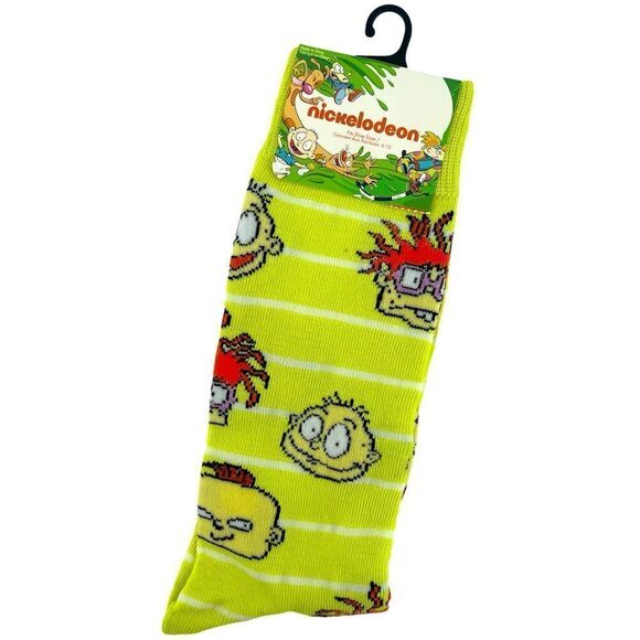 Nickelodeon Rugrats Characters Yellow White Striped 90s Fun Crew Socks Size 6-12 - Picture 1 of 5